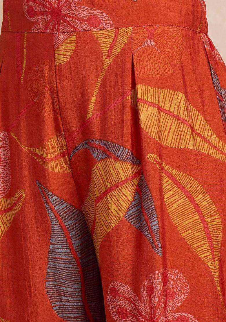 Rust Printed Silk Blend Anarkali Set - Indya
