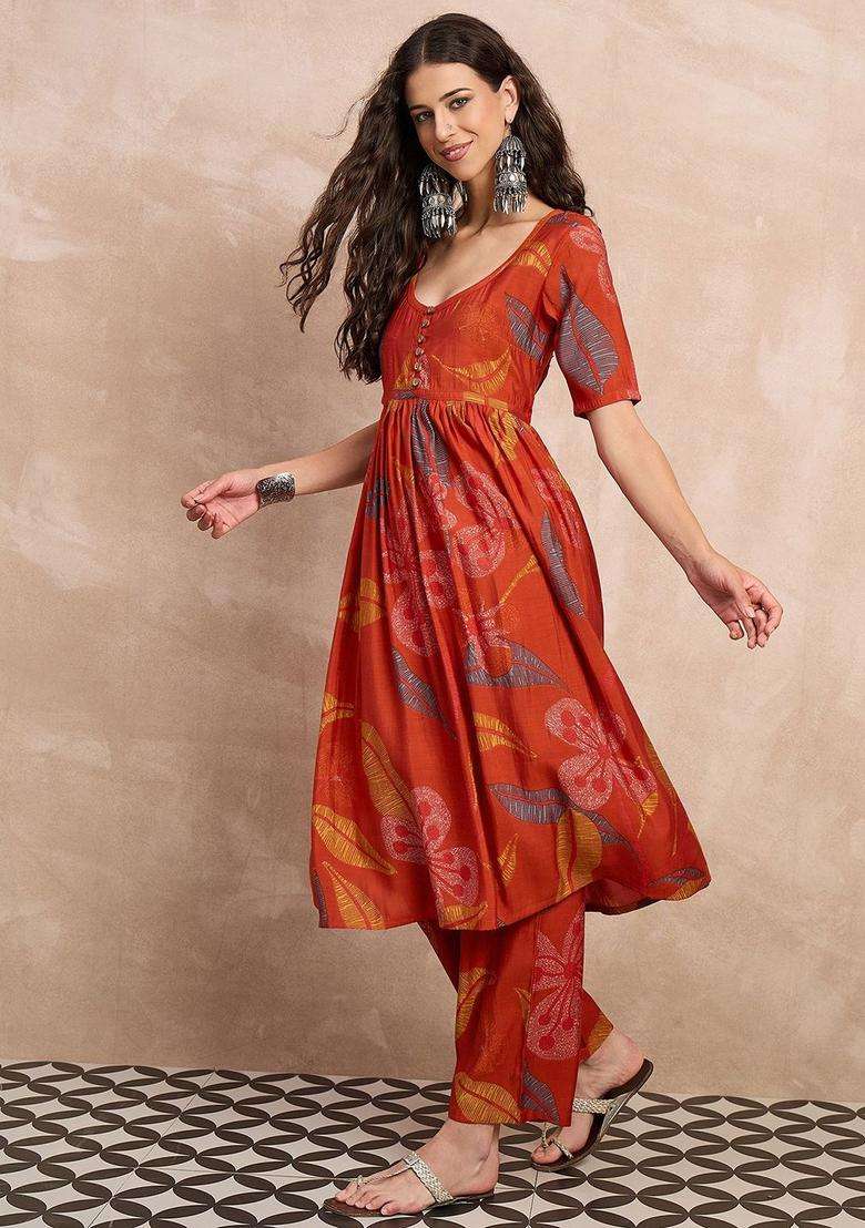 Rust Printed Silk Blend Anarkali Set - Indya