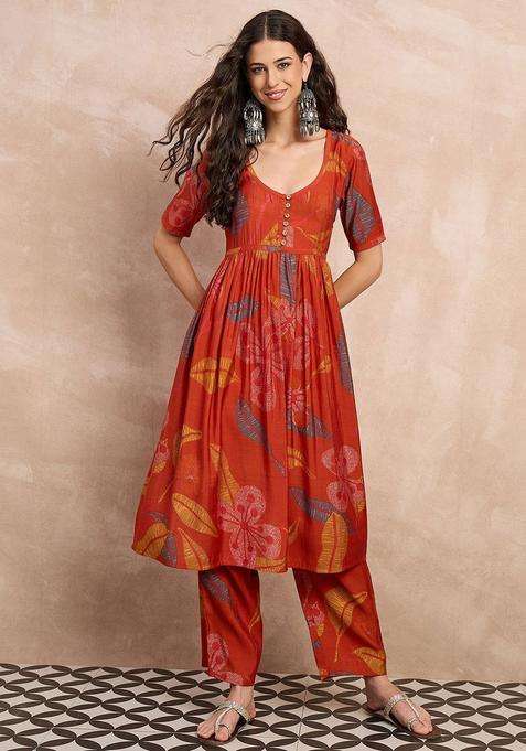 Rust Printed Silk Blend Anarkali Set