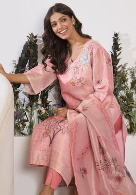 Pink Printed Silk Blend Kurta Set