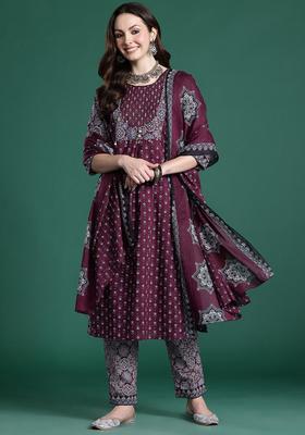 Burgundy Printed Cotton Kurta Set