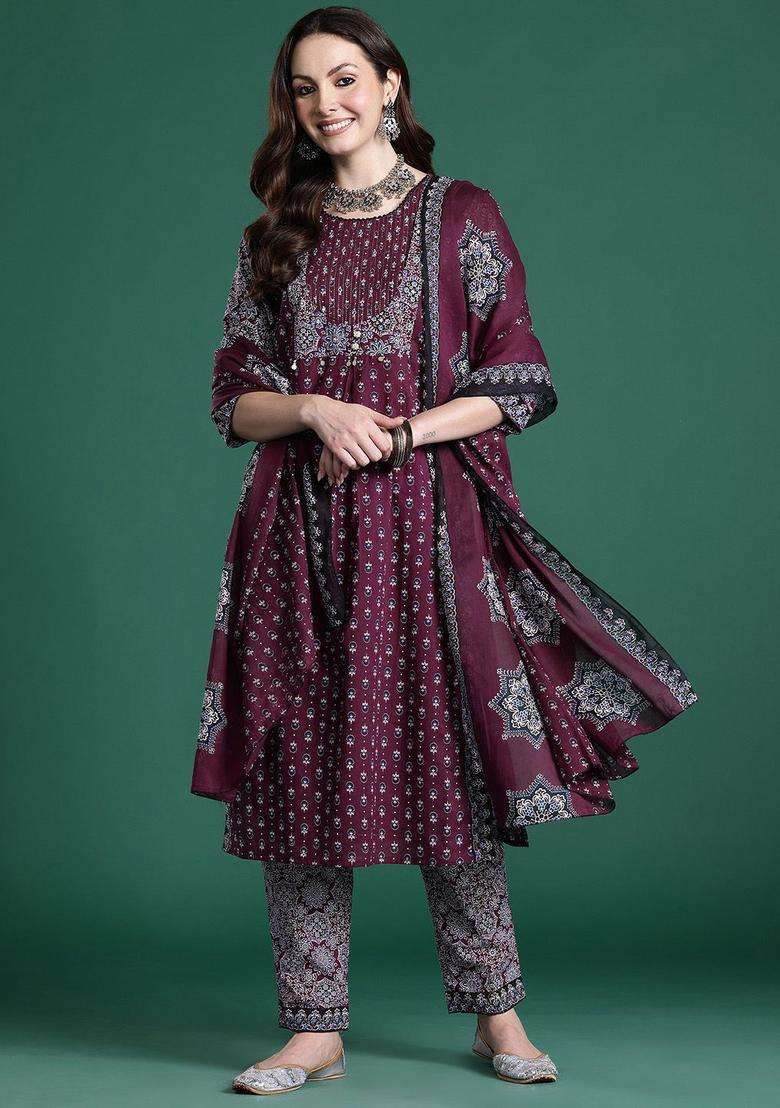Burgundy Printed Cotton Kurta Set - Indya