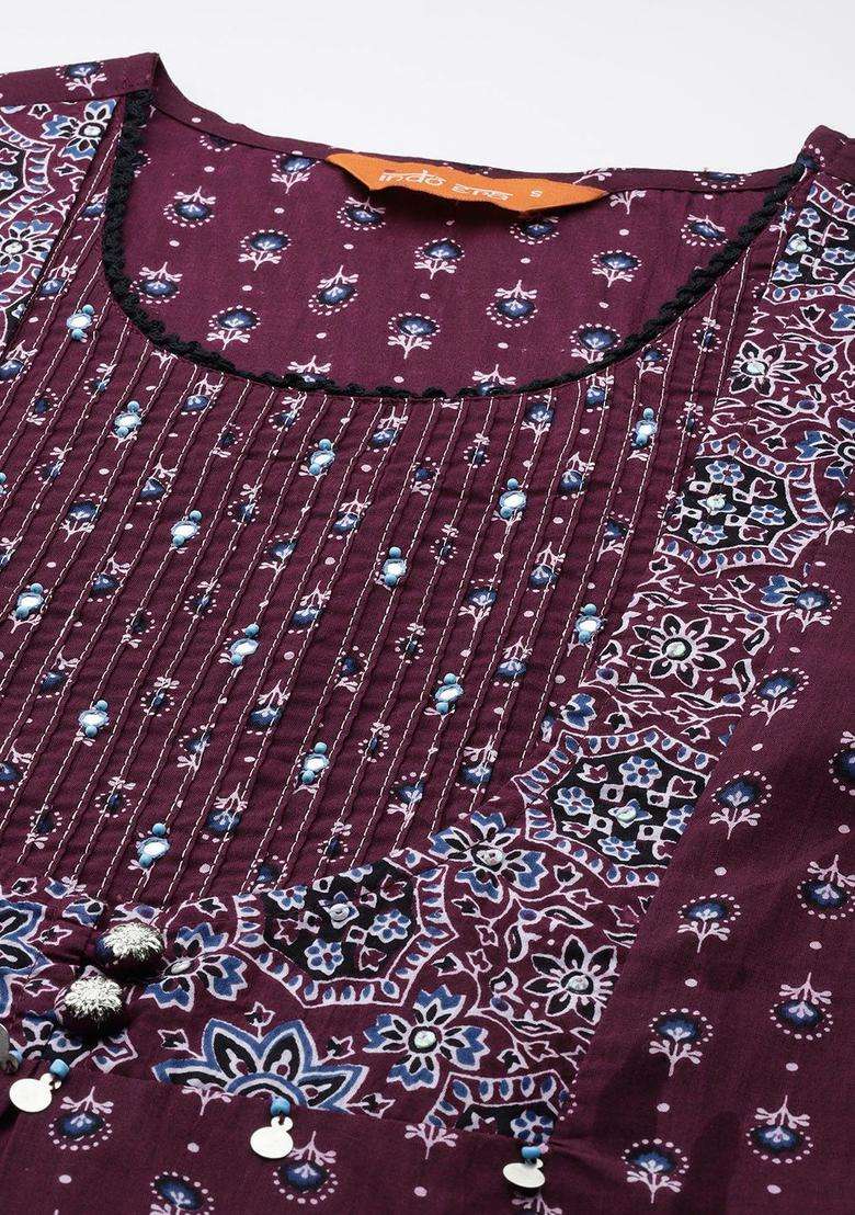 Burgundy Printed Cotton Kurta Set - Indya