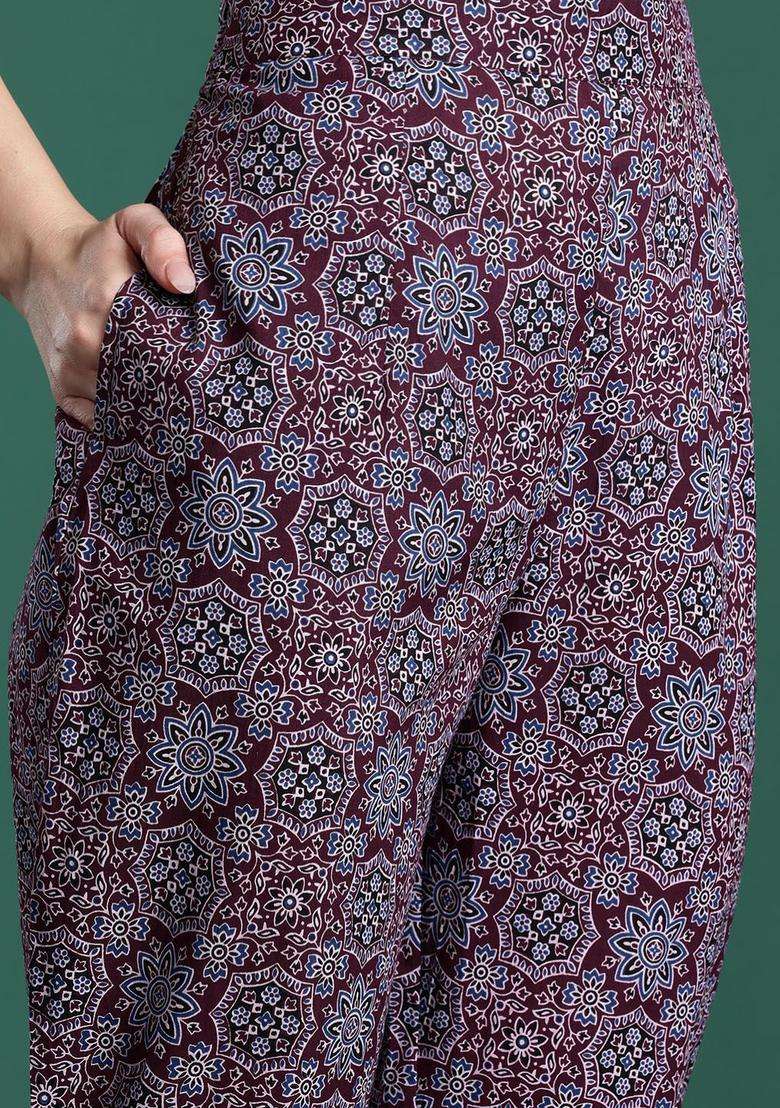 Burgundy Printed Cotton Kurta Set - Indya