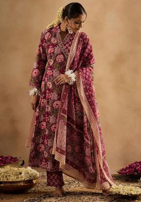 Burgundy Printed Cotton Kurta Set