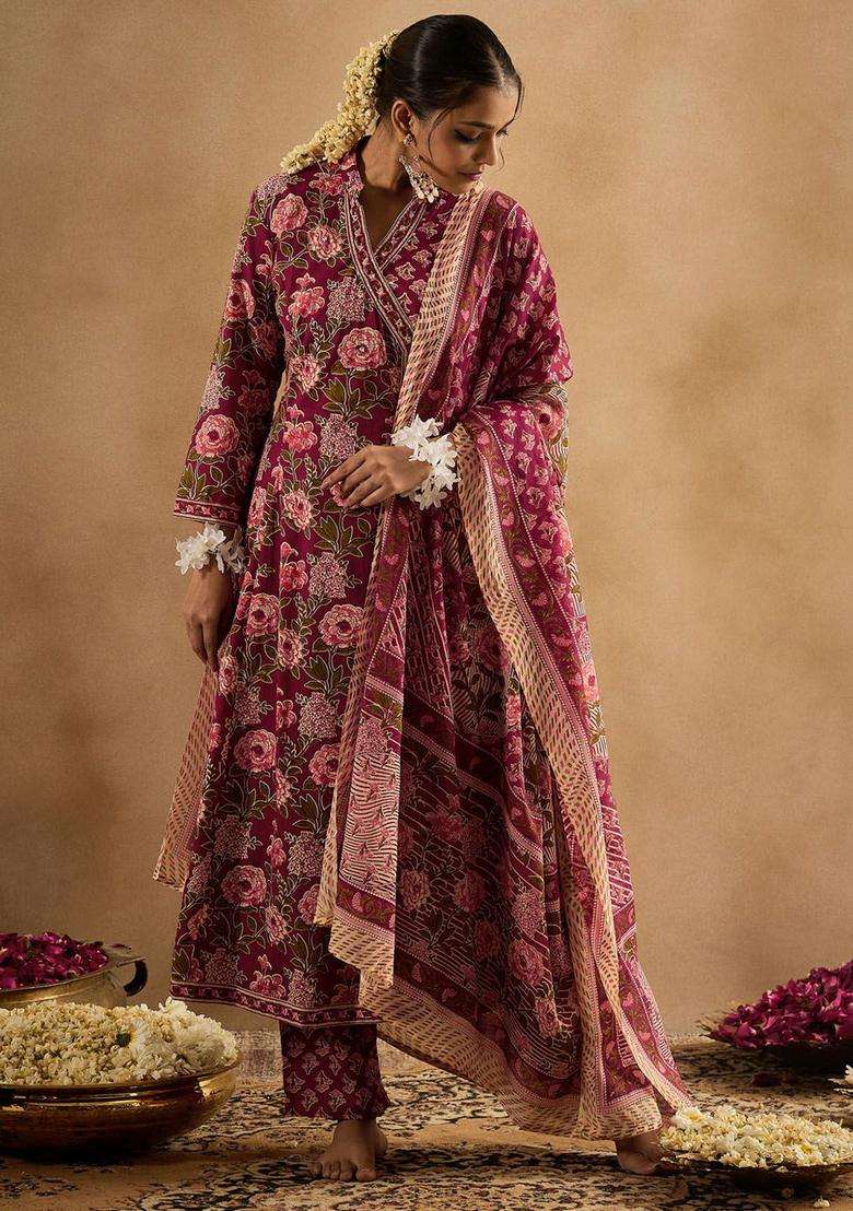 Burgundy Printed Cotton Kurta Set - Indya