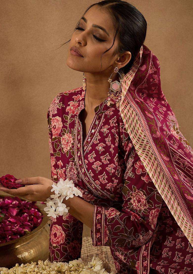 Burgundy Printed Cotton Kurta Set - Indya
