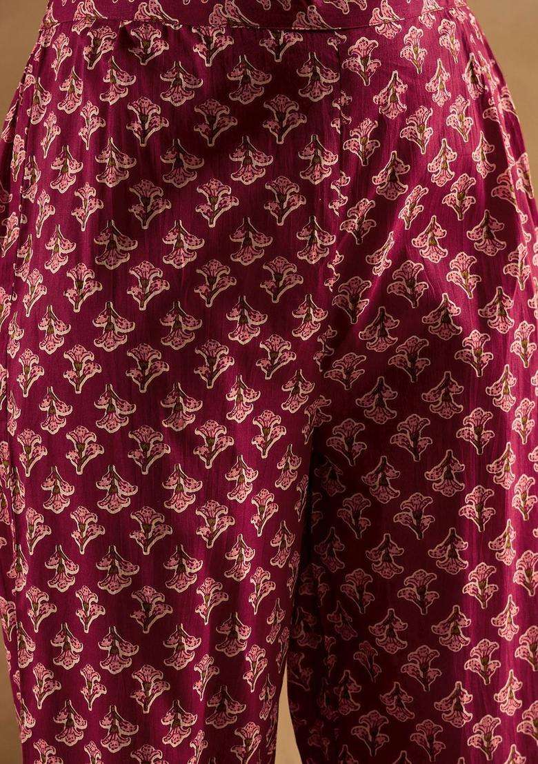 Burgundy Printed Cotton Kurta Set - Indya