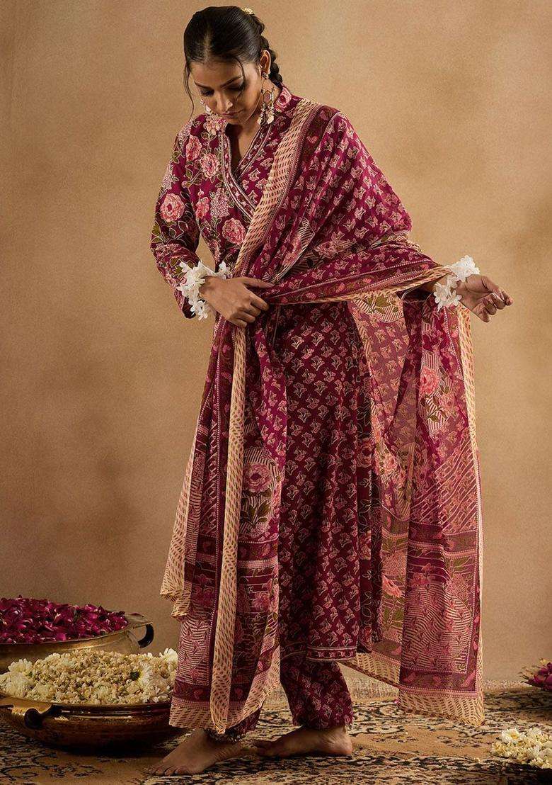 Burgundy Printed Cotton Kurta Set - Indya