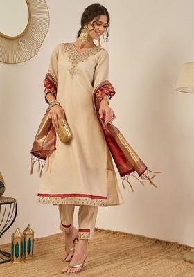 Cream Printed Silk Kurta Set