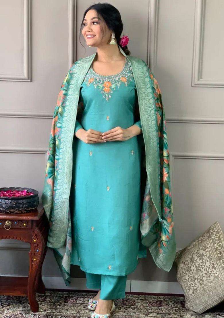 Turquoise Blue Embroidered Cotton Kurta Set - Indya