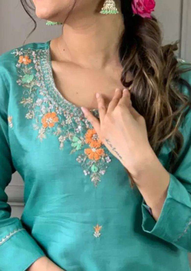 Turquoise Blue Embroidered Cotton Kurta Set - Indya