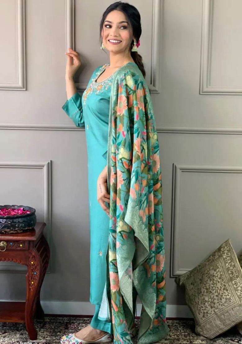 Turquoise Blue Embroidered Cotton Kurta Set - Indya