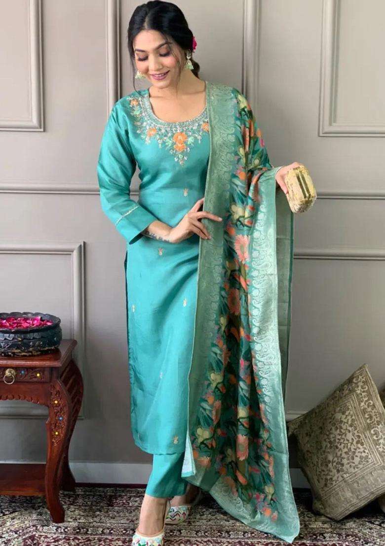 Turquoise Blue Embroidered Cotton Kurta Set - Indya