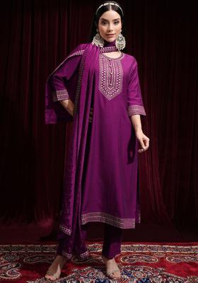 Magenta Embroidered Polyester Kurta Set