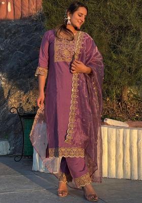 Purple Yoke Design Silk Blend Kurta Set