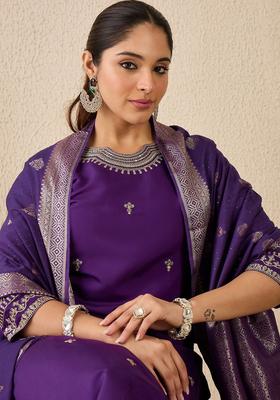 Purple Printed Silk Kurta Set