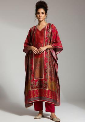 Red Printed Silk Kurta Set