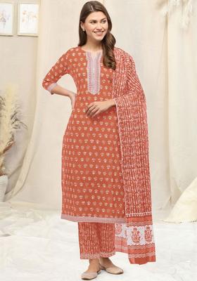 Orange Printed Cotton Kurta Set