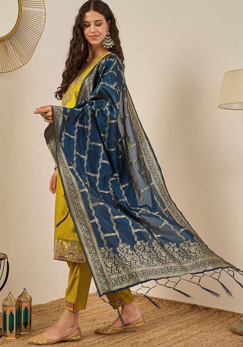 Yellow Embroidered Viscose Kurta Set — view on Indya