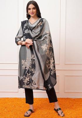 Grey Printed Viscose Kurta Set