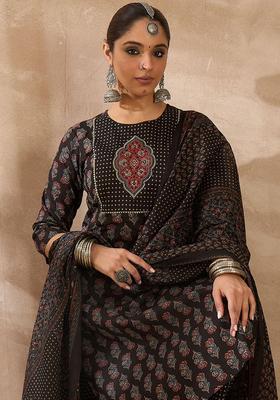 Black Printed Cotton Kurta Set