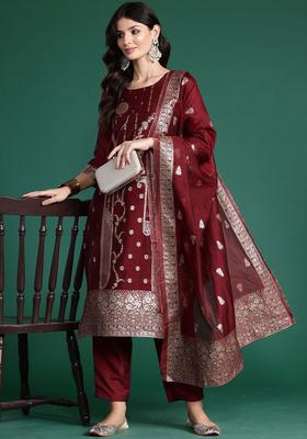 Maroon Woven Design Silk Blend Kurta Set