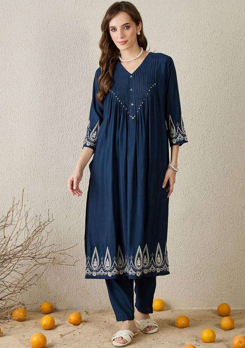 Navy Blue Embroidered Silk Blend Kurta Set - Indya