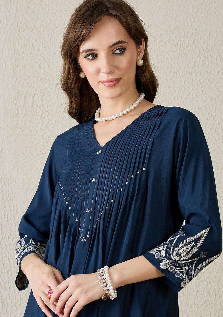 Navy Blue Embroidered Silk Blend Kurta Set - Indya