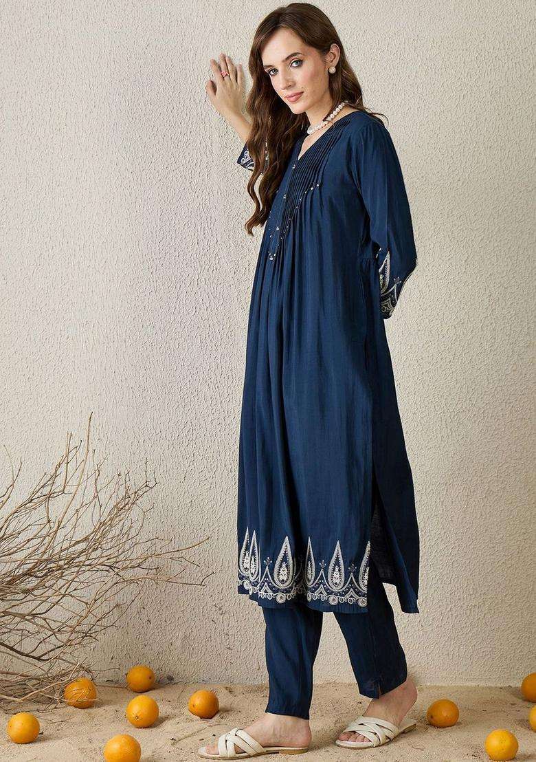 Navy Blue Embroidered Silk Blend Kurta Set - Indya