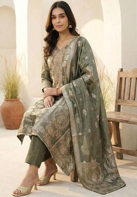 Olive Woven Design Silk Blend Kurta Set