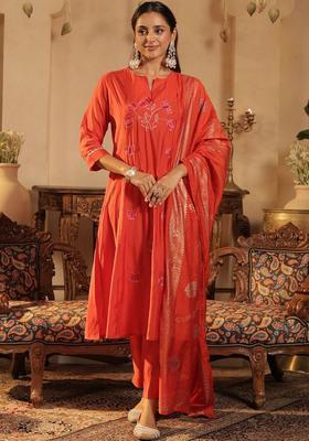 Rust Embroidered Silk Blend Kurta Set