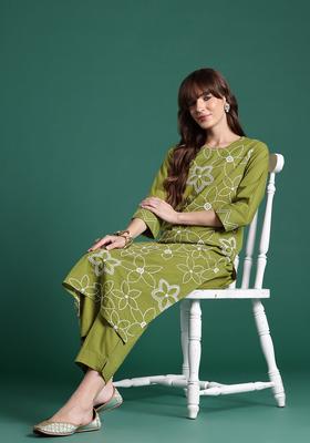 Olive Embroidered Cotton Kurta Set
