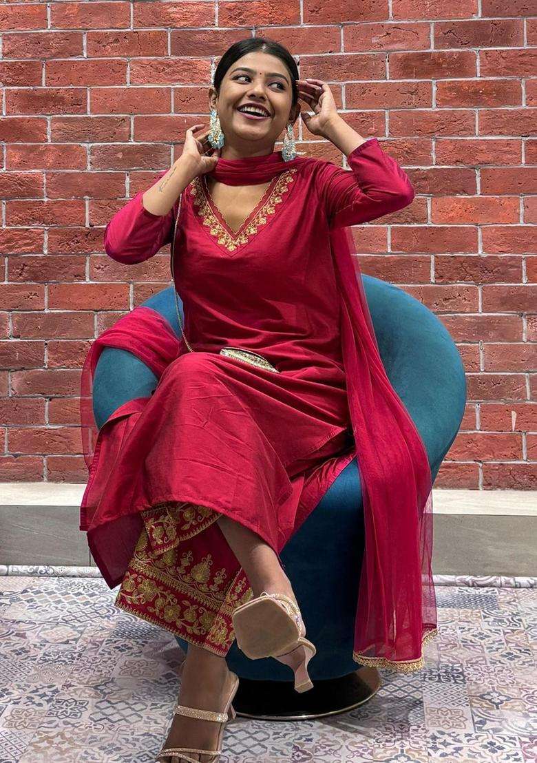 Pink Solid Silk Blend Kurta Set - Indya