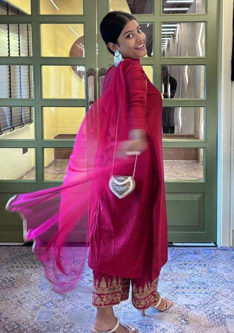 Pink Solid Silk Blend Kurta Set - Indya