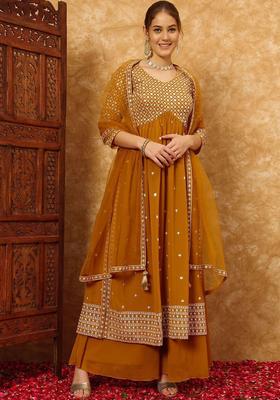 Yellow Embroidered Georgette Kurta Set