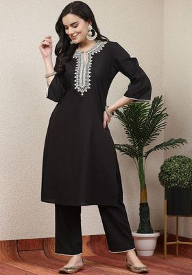 Black Yoke Design Cotton Kurta Set