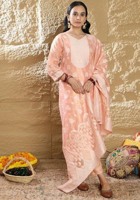 Peach Woven Design Silk Blend Kurta Set