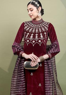 Magenta Embroidered Velvet Kurta Set