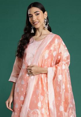 Peach Woven Design Silk Blend Kurta Set