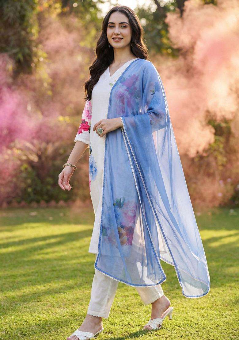 Off White Printed Linen Kurta Set - Indya