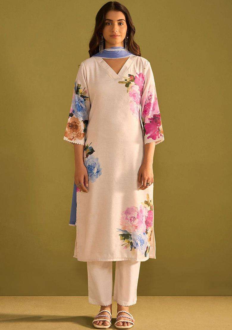Off White Printed Linen Kurta Set - Indya