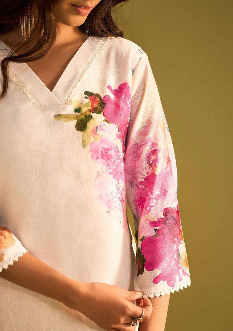 Off White Printed Linen Kurta Set - Indya