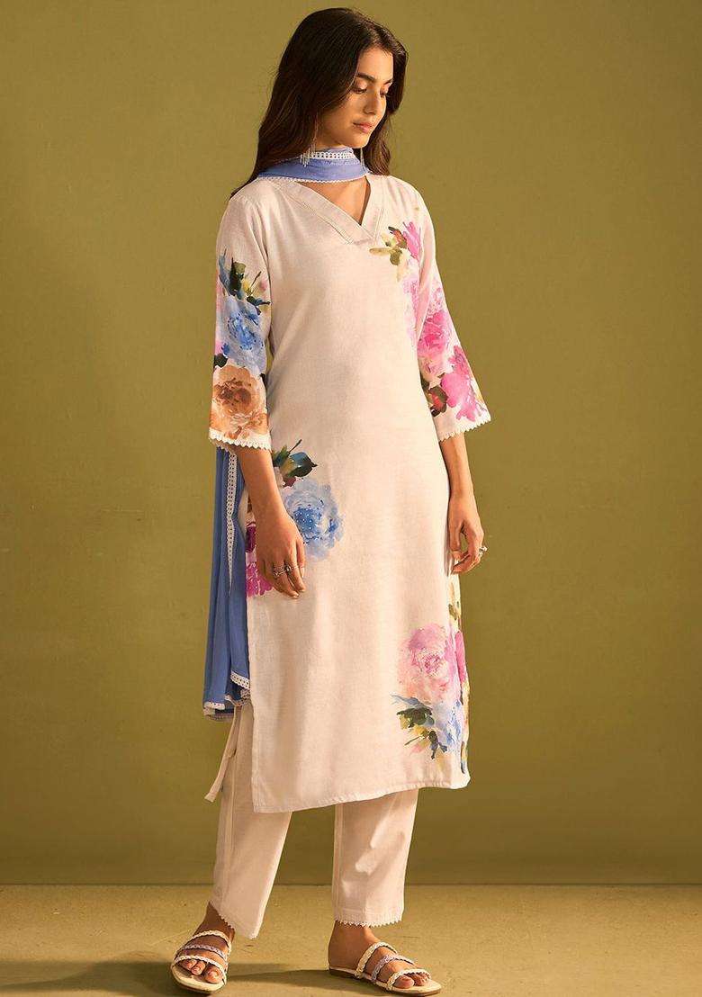 Off White Printed Linen Kurta Set - Indya
