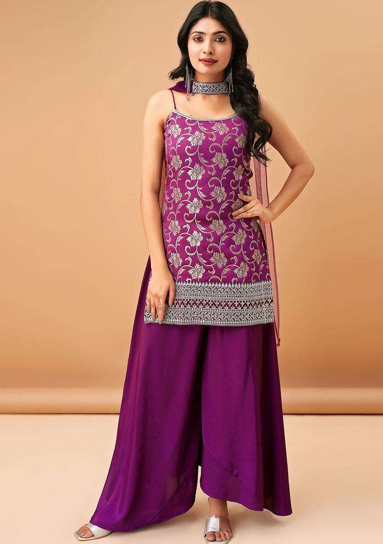 Purple Embroidered Silk Sharara Set - Indya