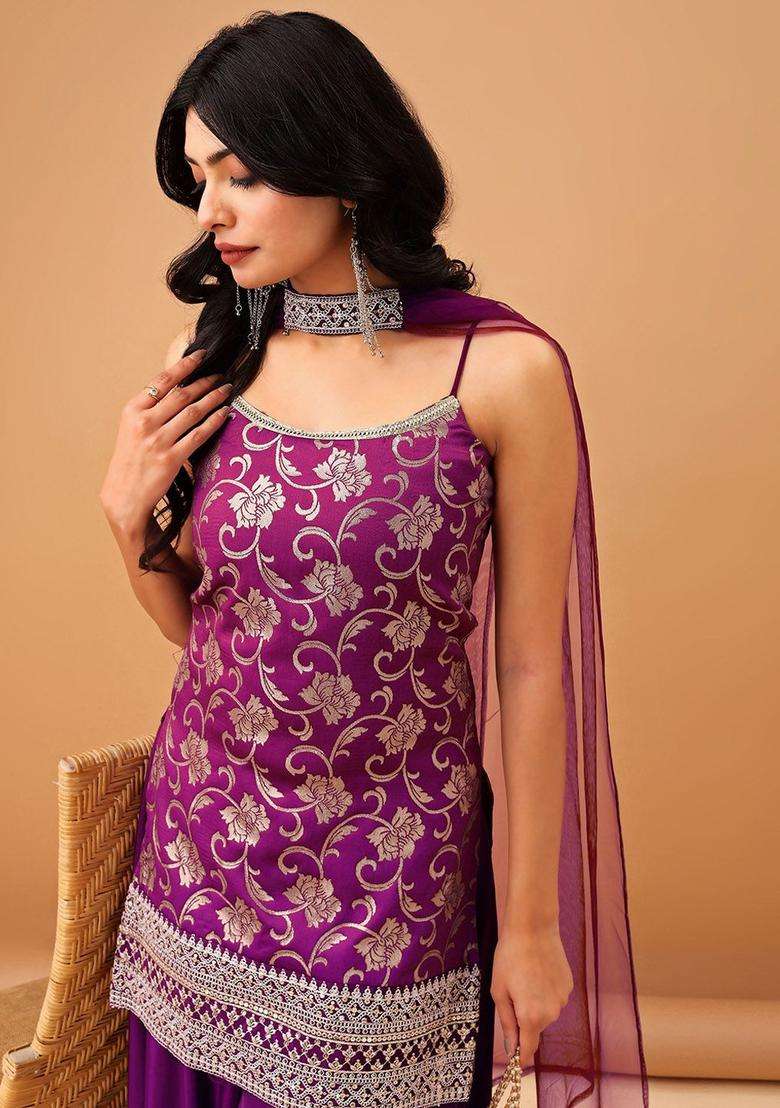 Purple Embroidered Silk Sharara Set - Indya
