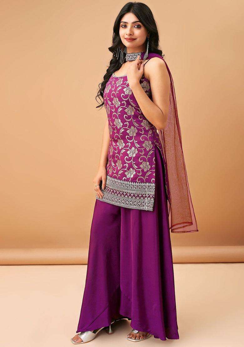 Purple Embroidered Silk Sharara Set - Indya