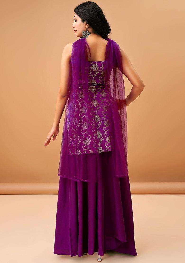 Purple Embroidered Silk Sharara Set - Indya