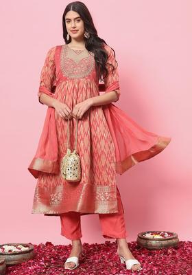 Peach Embroidered Cotton Kurta Set