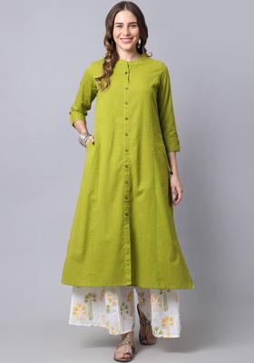 Green Solid Cotton Kurta Set